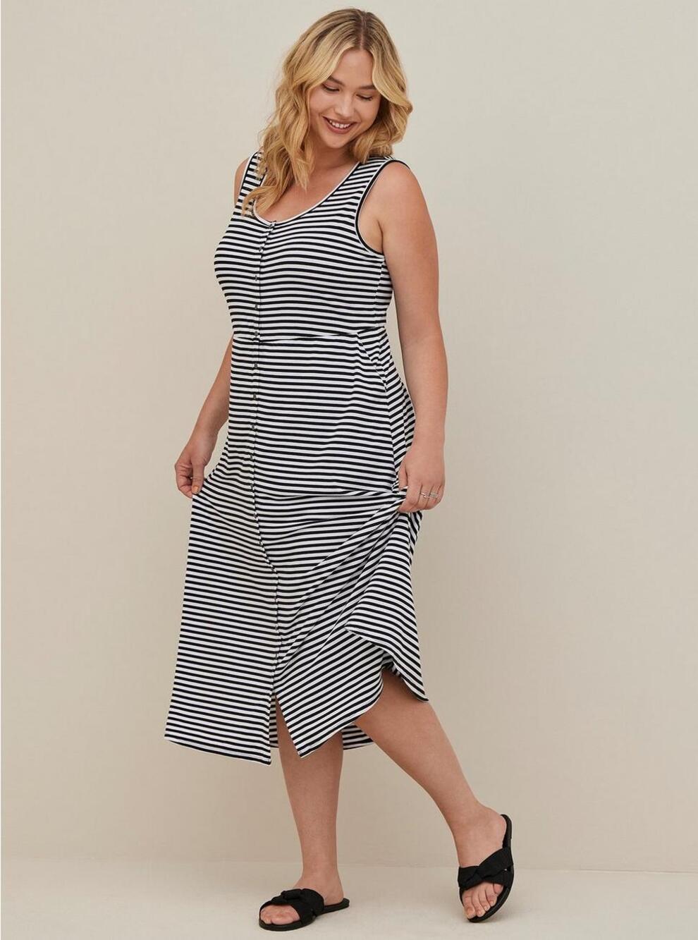 Torrid Maxi Jersey Button Front Dress Black White Stripe Tank Sleeveless Womens